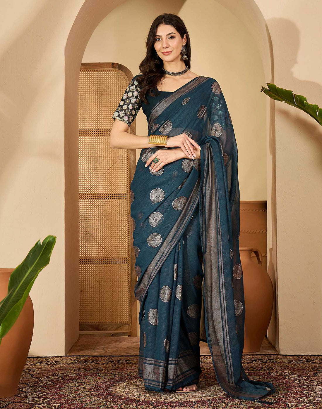 Rama Blue Georgette Foil Printed Saree