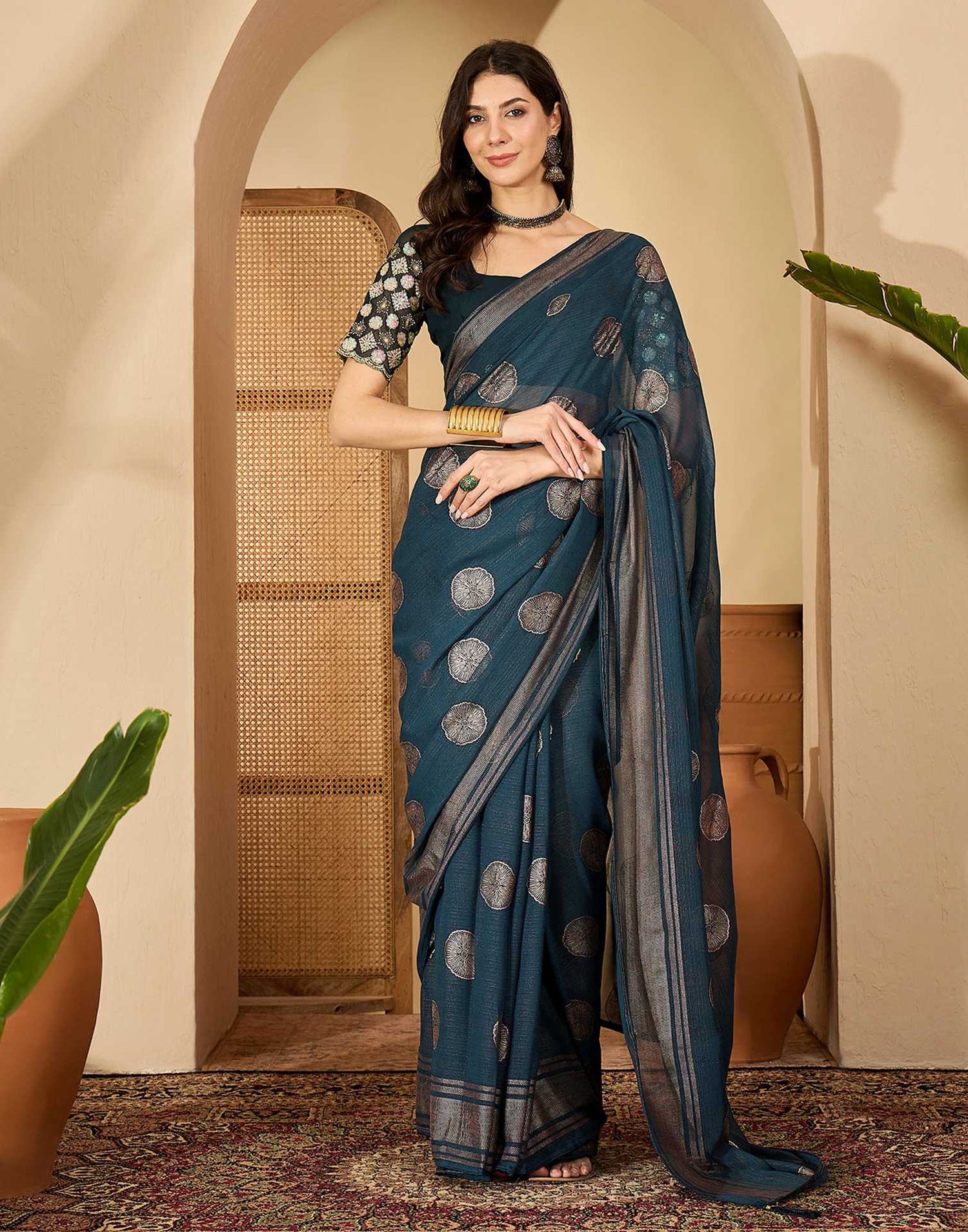 Rama Blue Georgette Foil Printed Saree