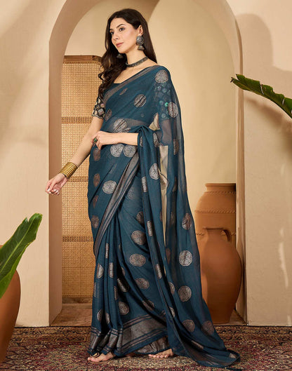 Rama Blue Georgette Foil Printed Saree