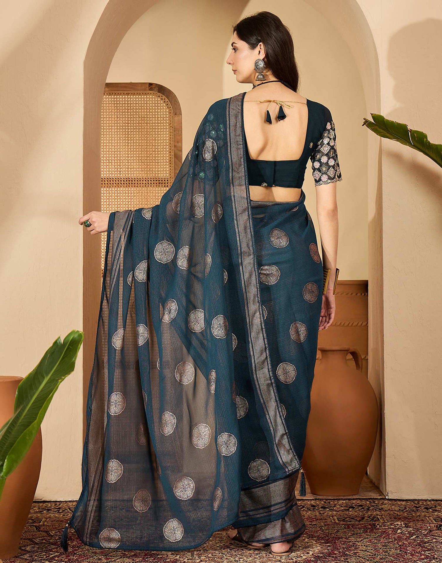 Rama Blue Georgette Foil Printed Saree