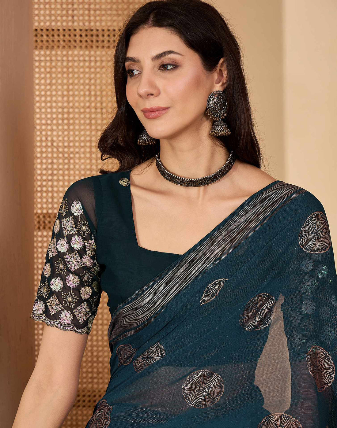 Rama Blue Georgette Foil Printed Saree