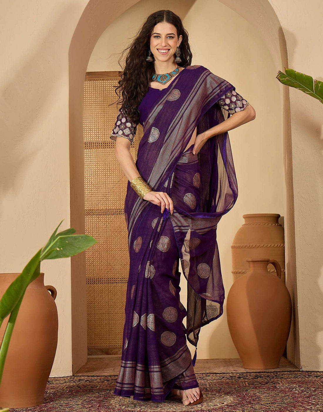 Purple Georgette Foil Printed Saree