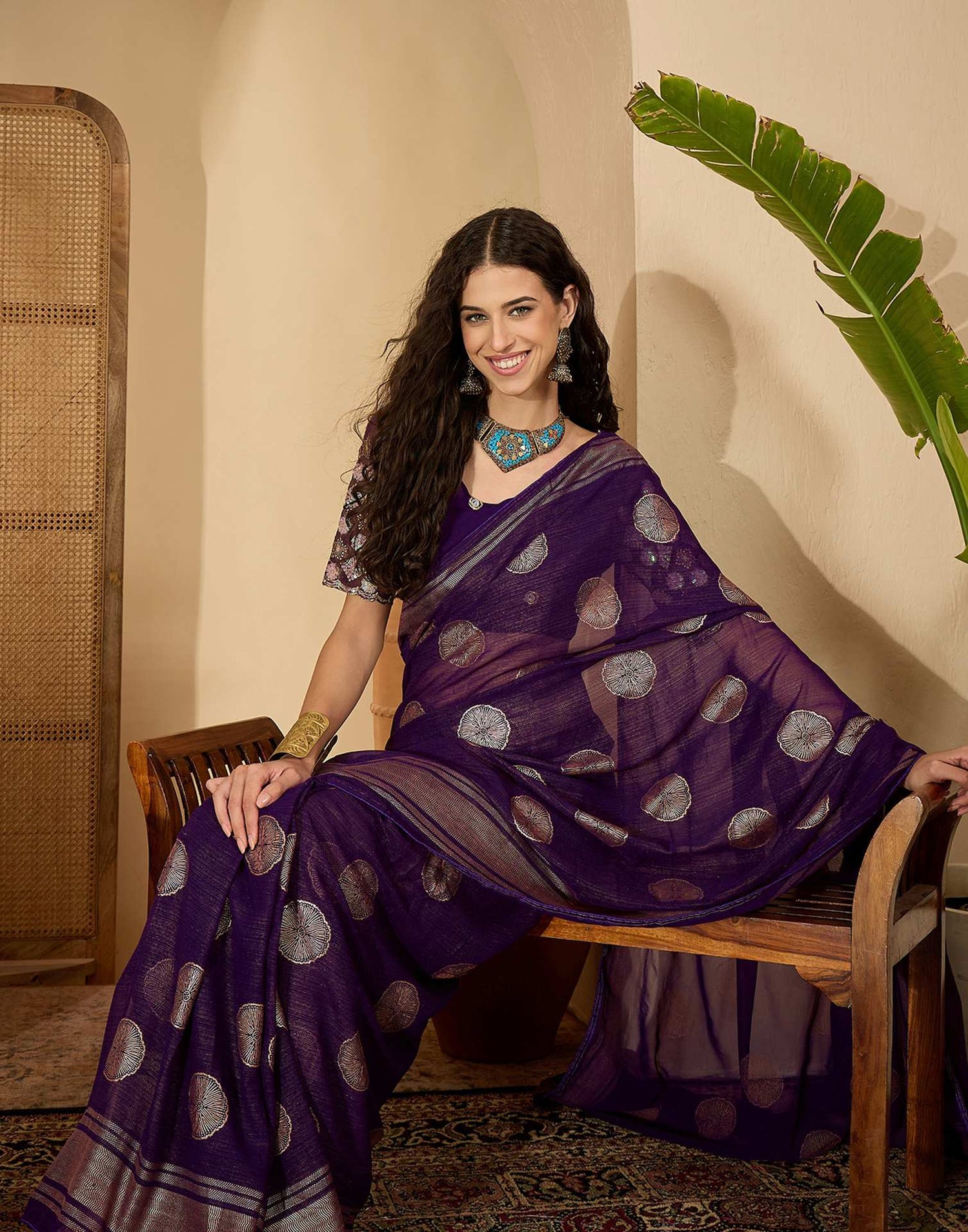 Purple Georgette Foil Printed Saree