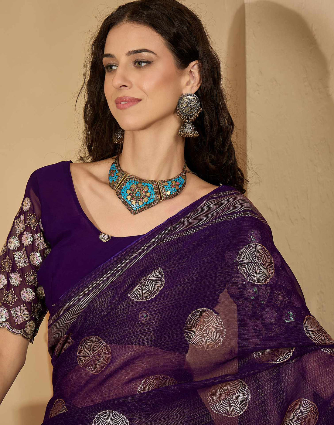 Purple Georgette Foil Printed Saree