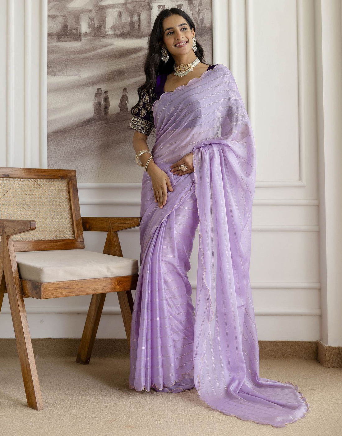 Lavender Chiffon Foil Printed Saree