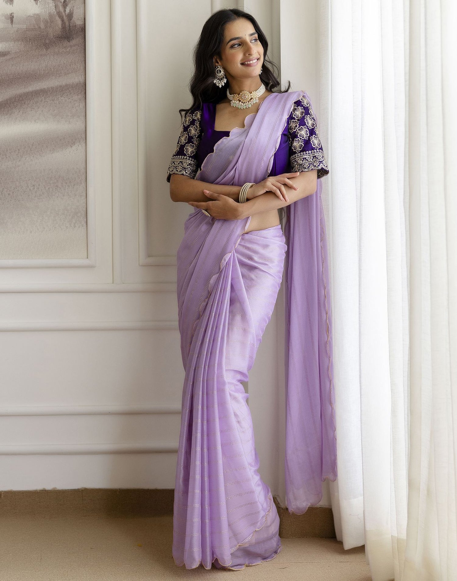 Lavender Chiffon Foil Printed Saree