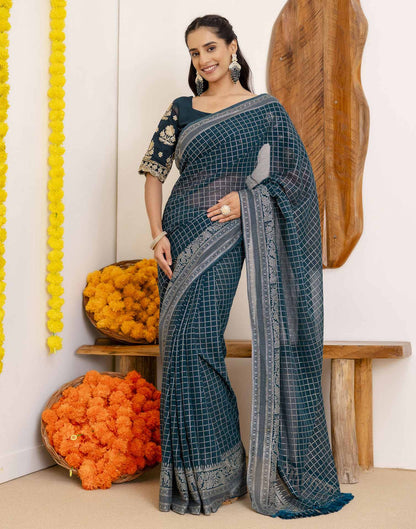 Rama Blue Georgette Printed Saree