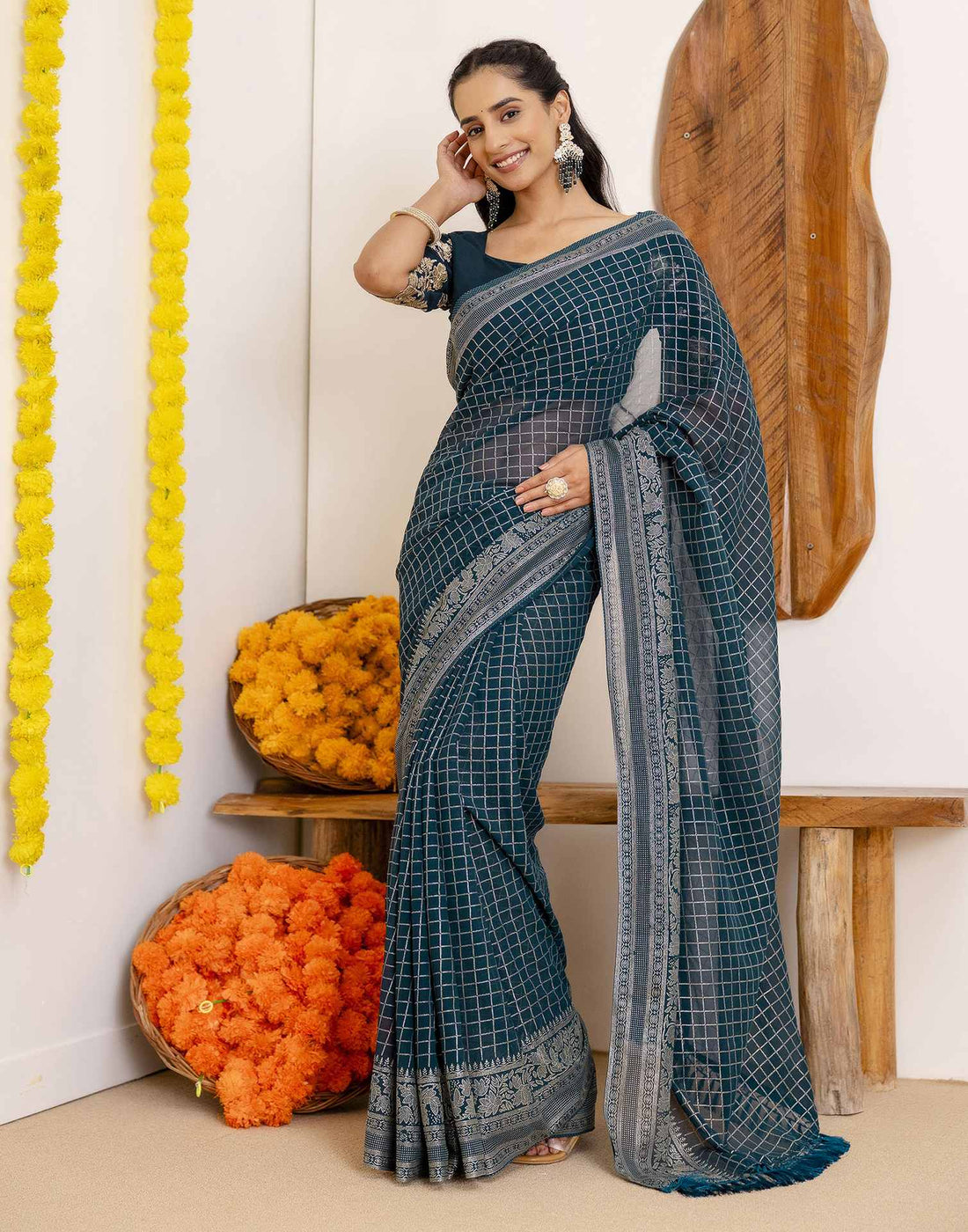 Rama Blue Georgette Printed Saree