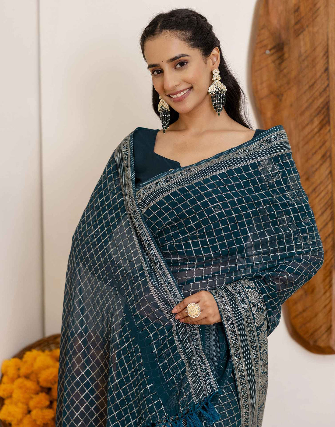 Rama Blue Georgette Printed Saree