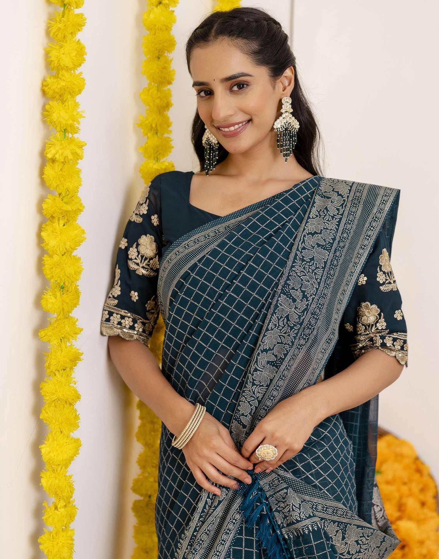 Rama Blue Georgette Printed Saree