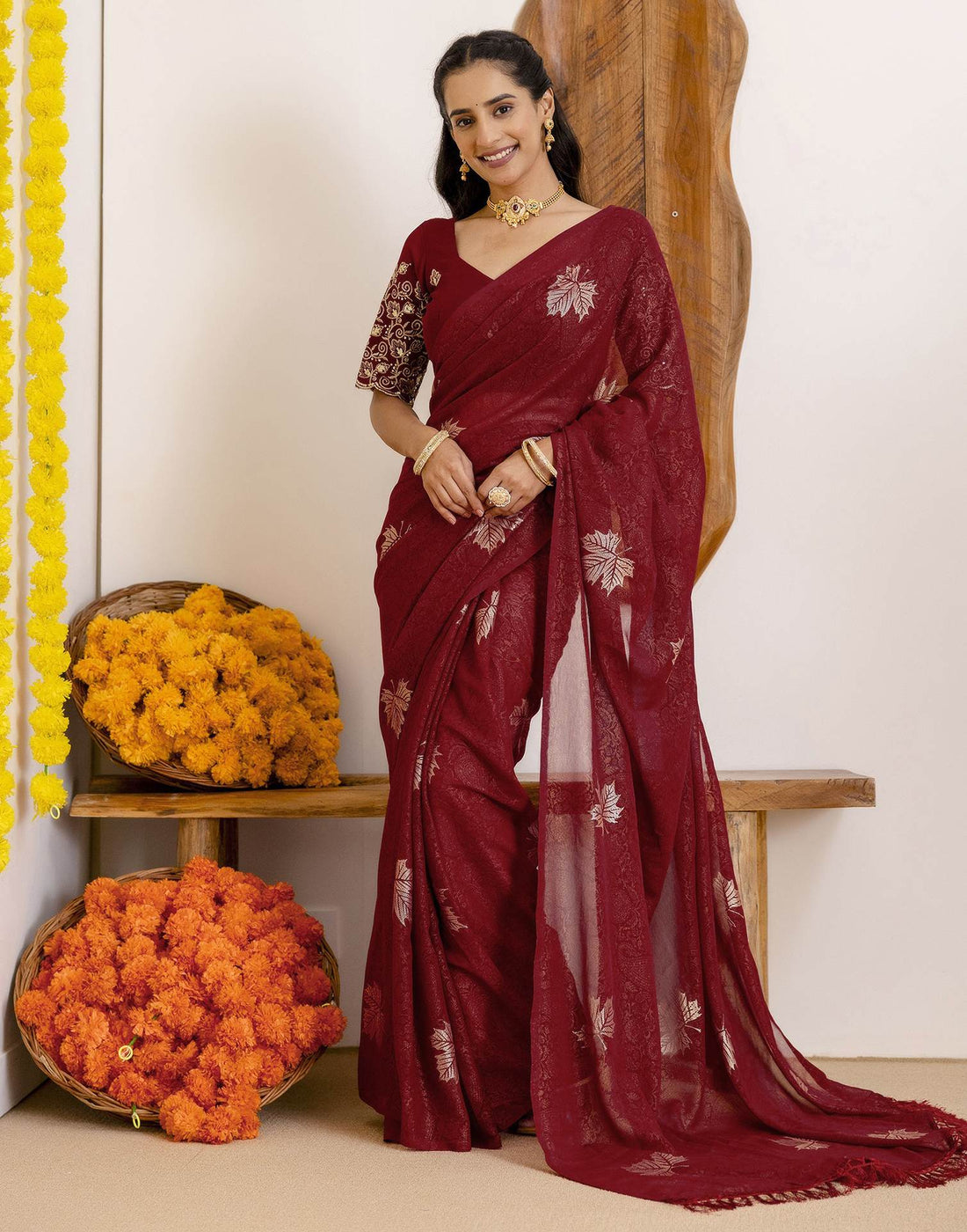 Maroon Georgette Foil Printed Saree