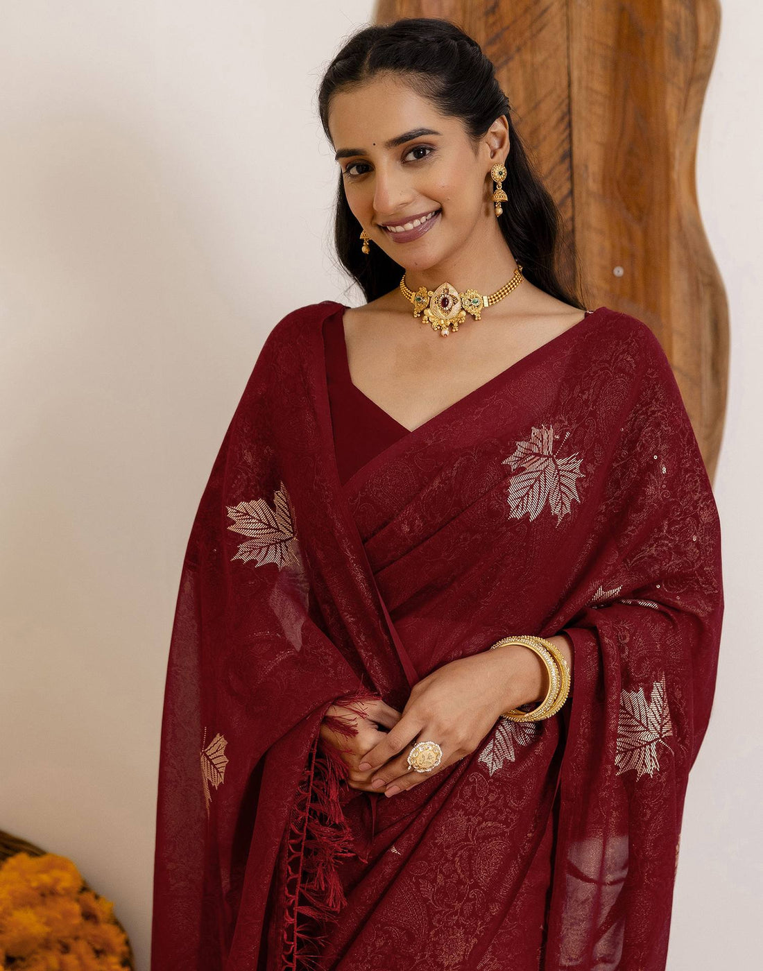 Maroon Georgette Foil Printed Saree
