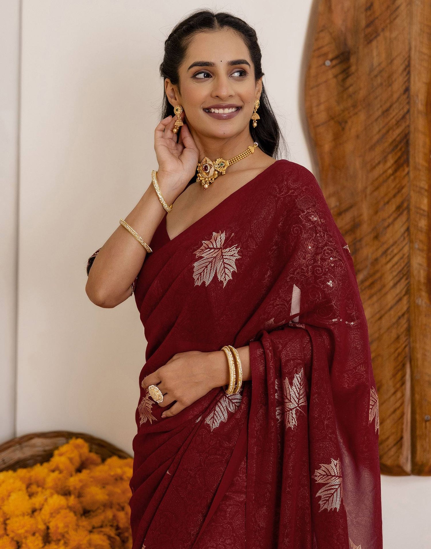Maroon Georgette Foil Printed Saree