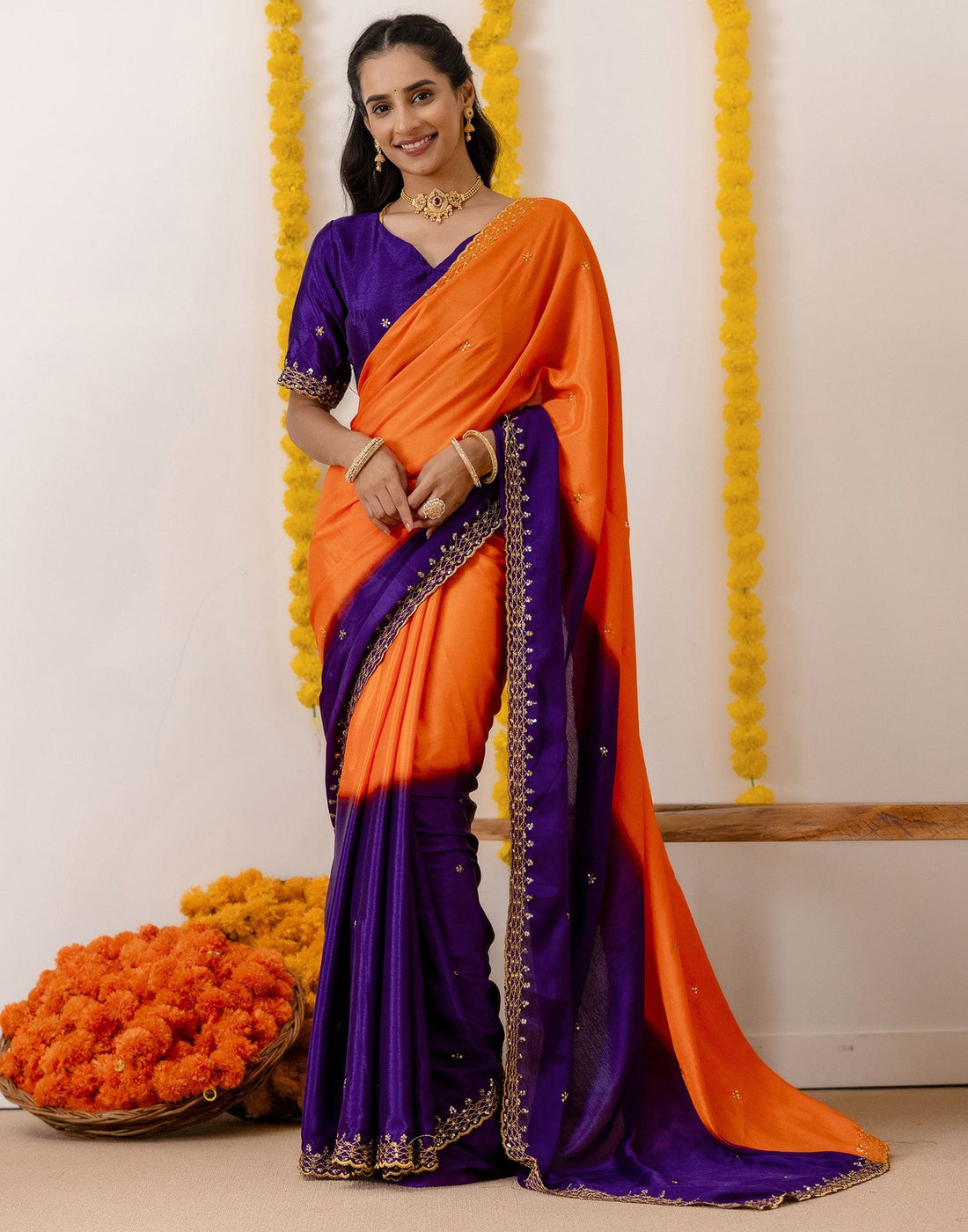Orange Silk Sequence Embroidery Saree