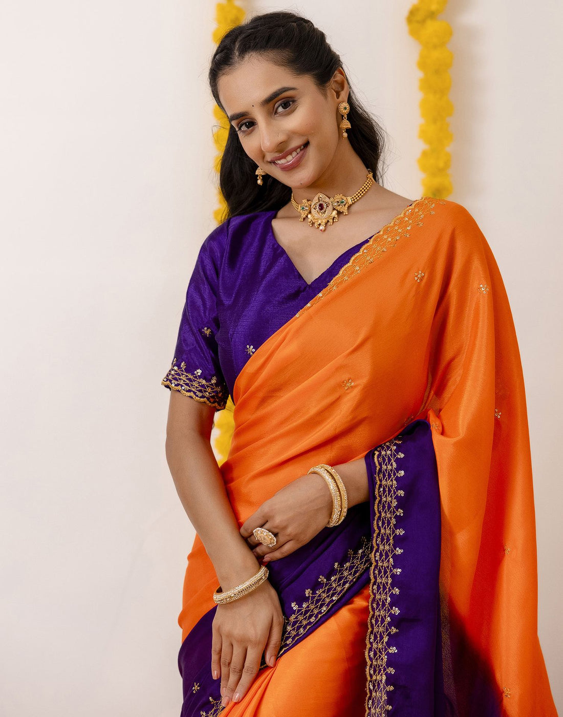 Orange Silk Sequence Embroidery Saree