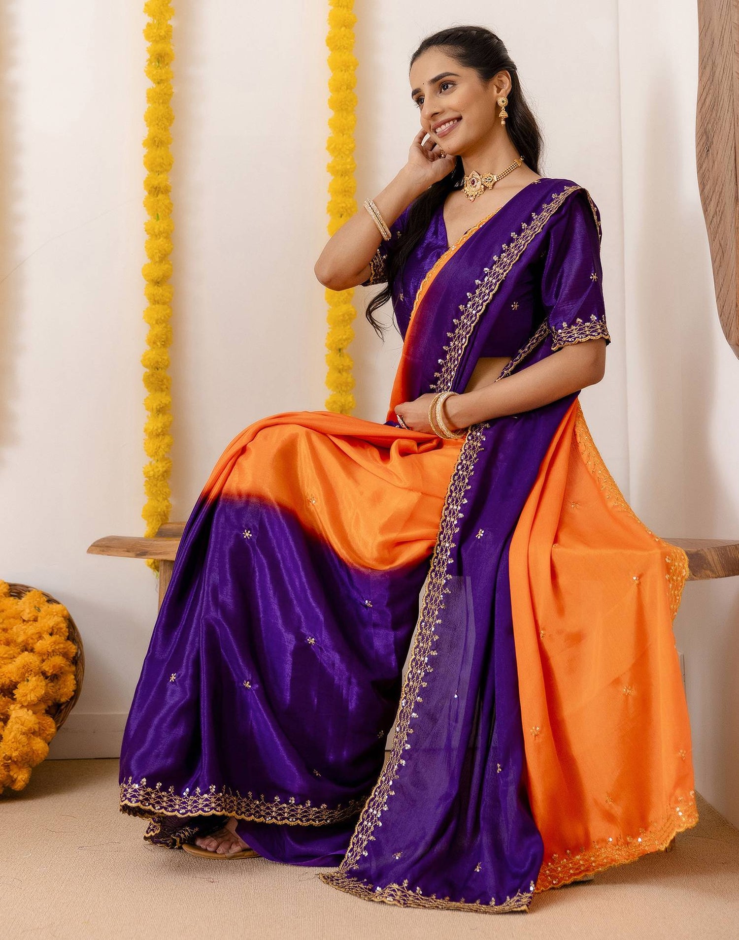 Orange Silk Sequence Embroidery Saree