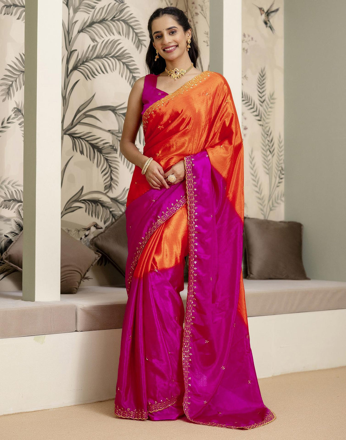 Orange Silk Sequence Embroidery Saree