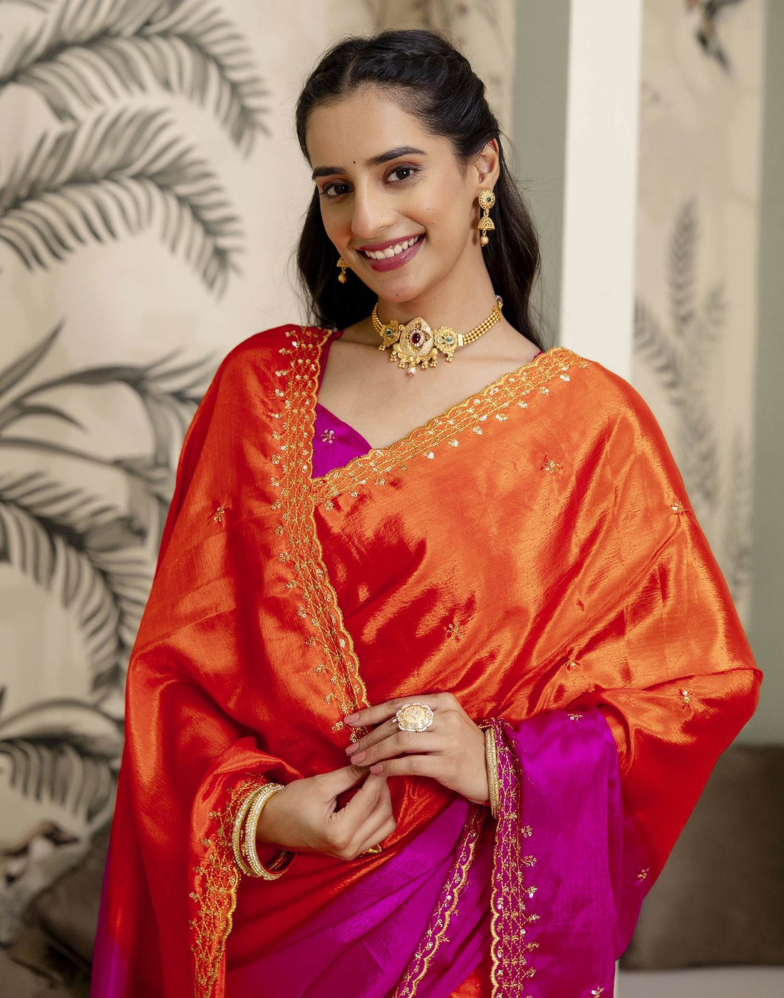 Orange Silk Sequence Embroidery Saree