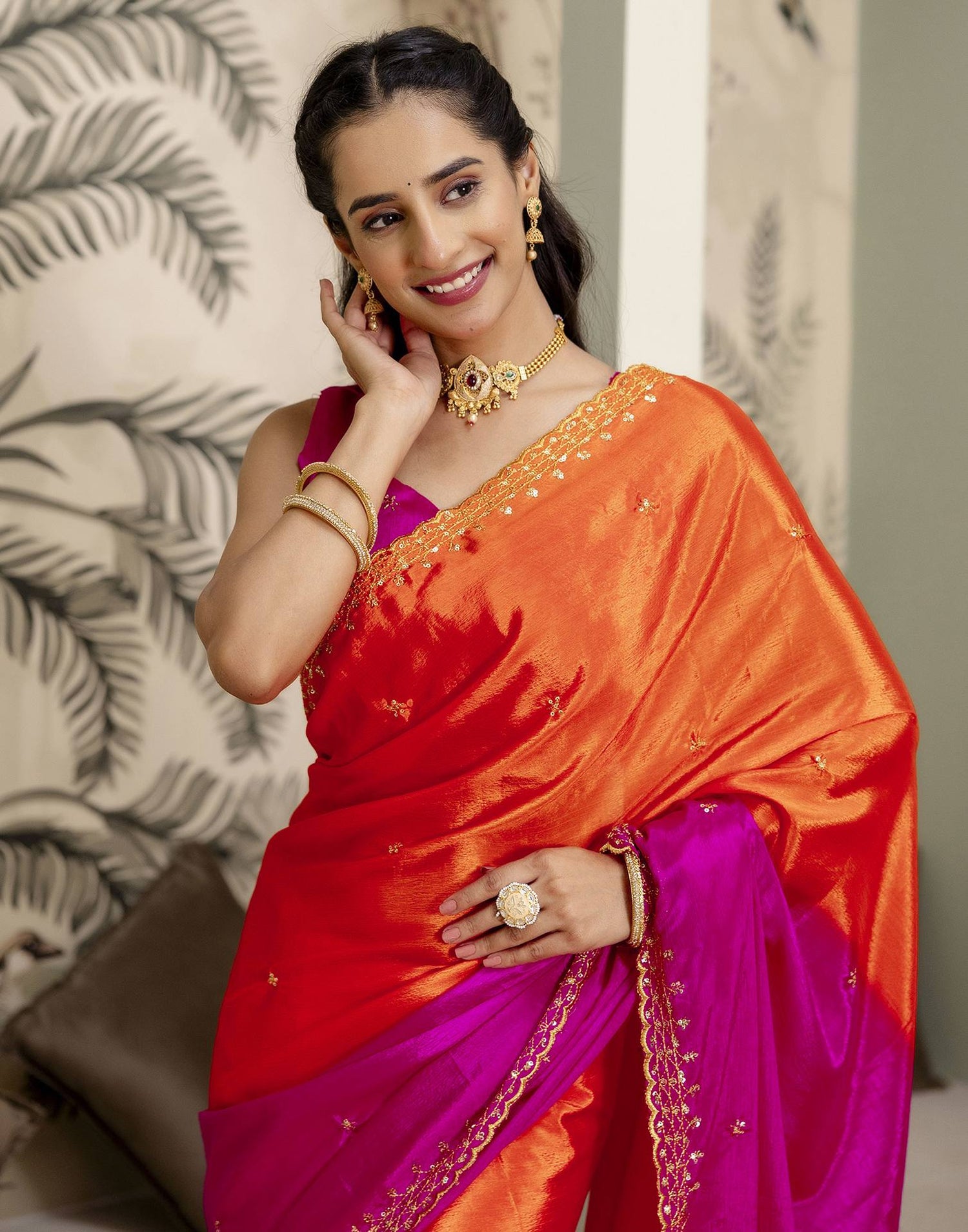 Orange Silk Sequence Embroidery Saree