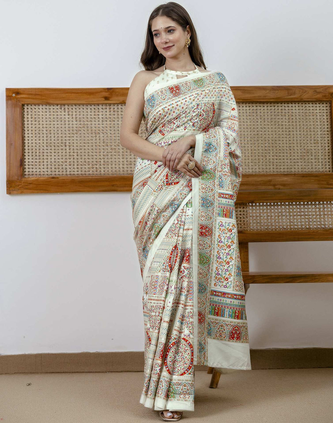 Off White Silk Printed Saree