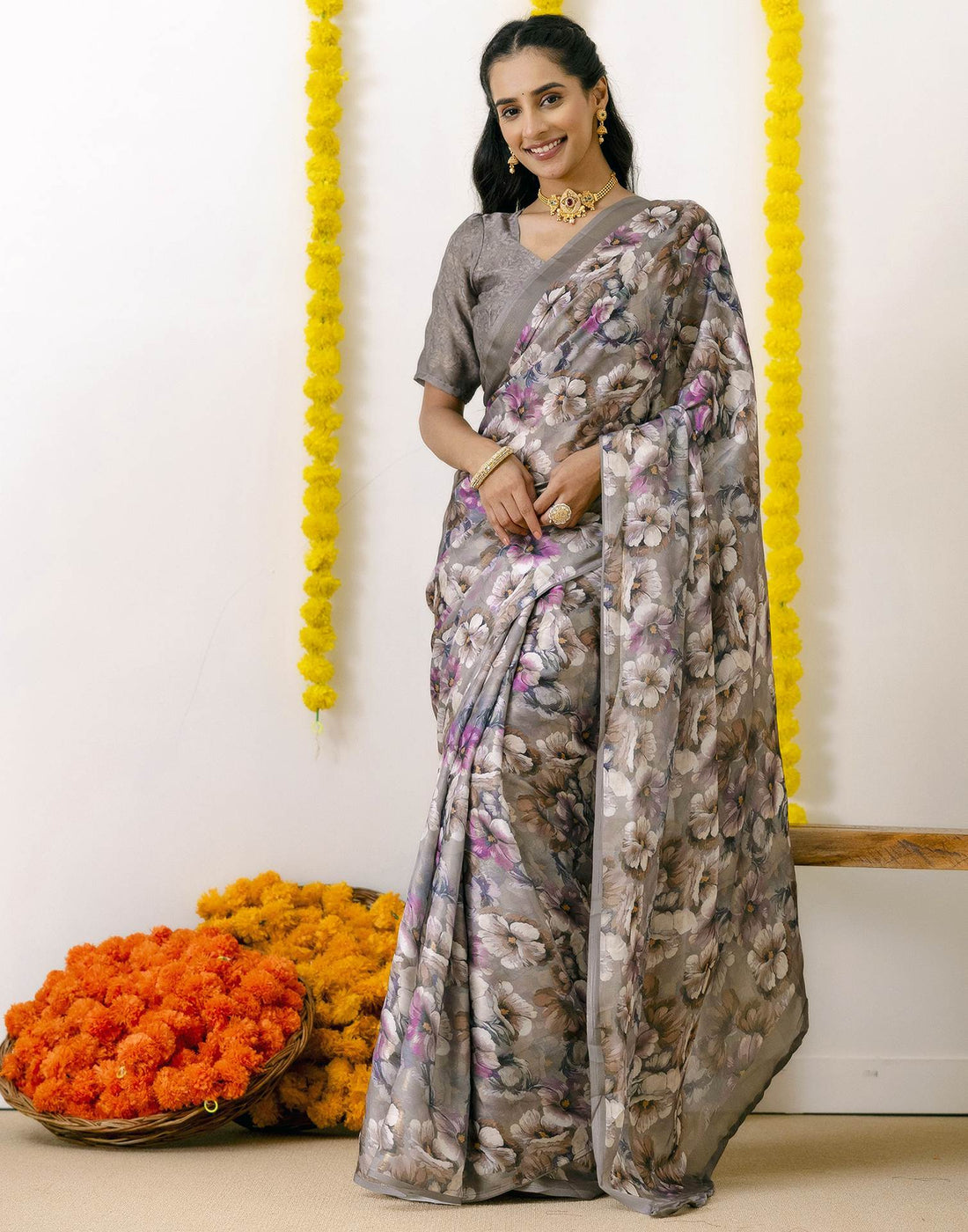 Grey Silk Printed Saree