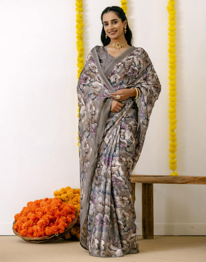 Grey Silk Printed Saree