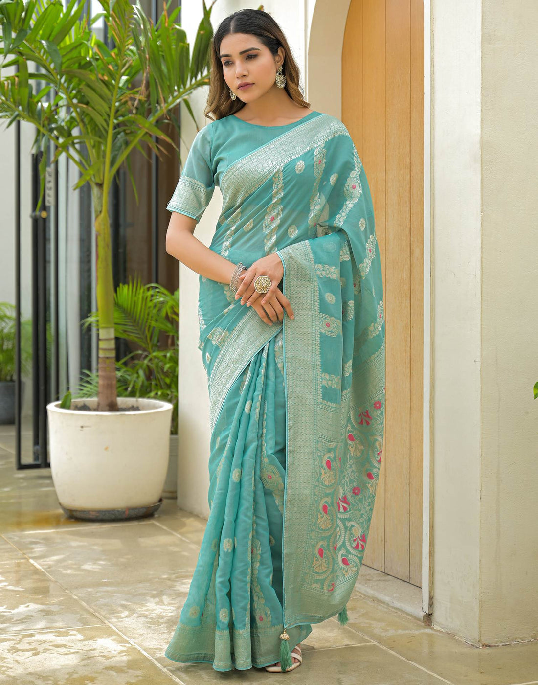 Turquoise Chanderi Woven Saree