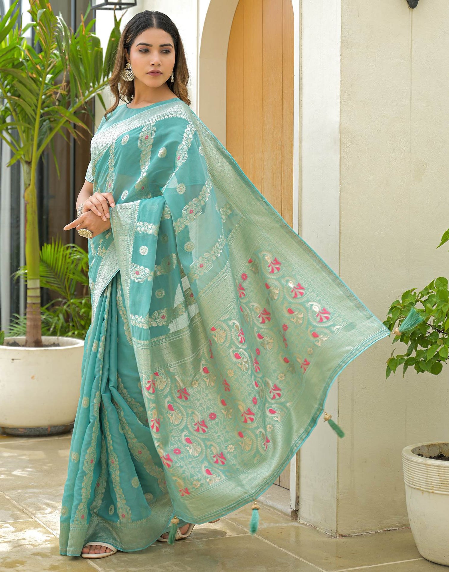 Turquoise Chanderi Woven Saree