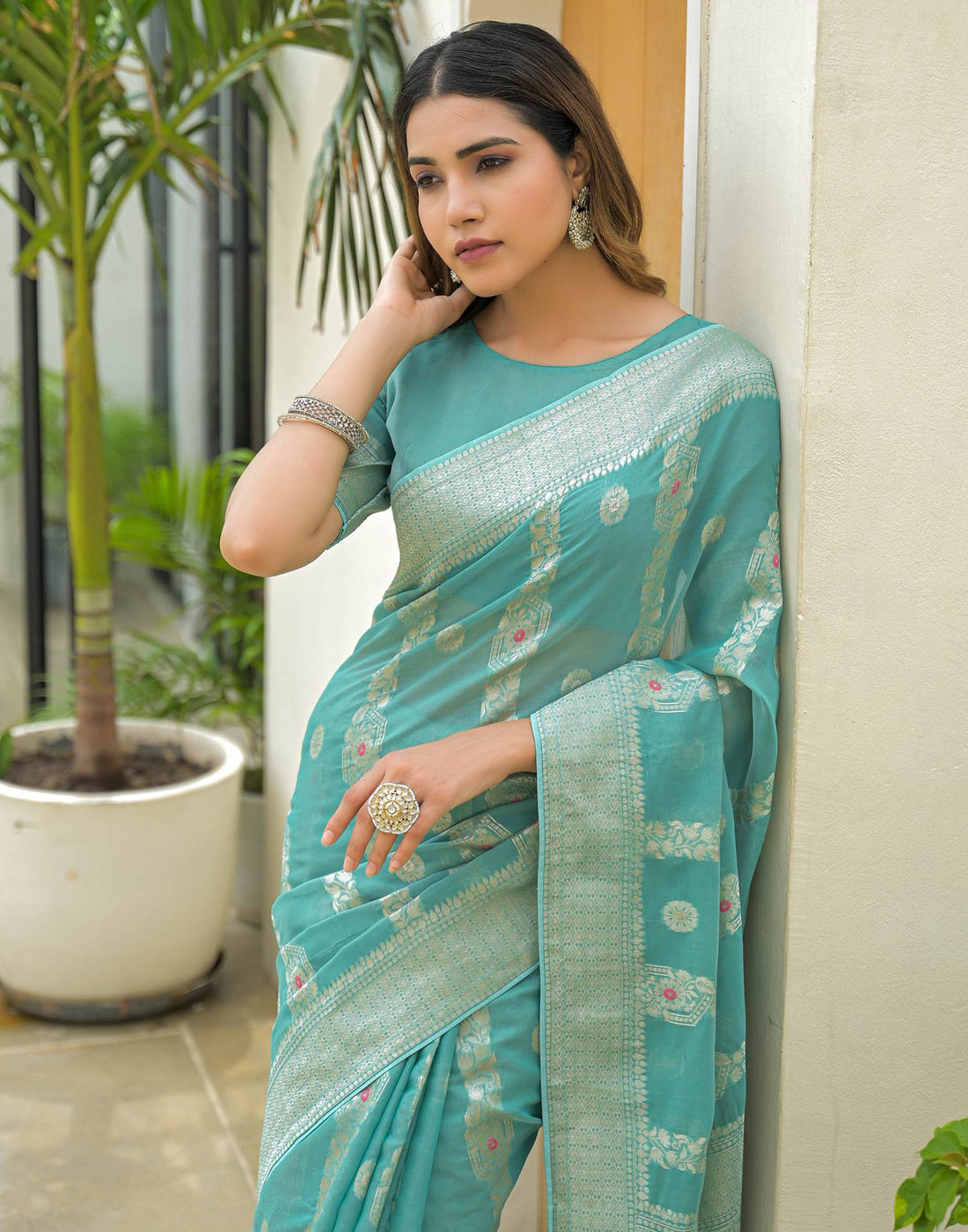 Turquoise Chanderi Woven Saree