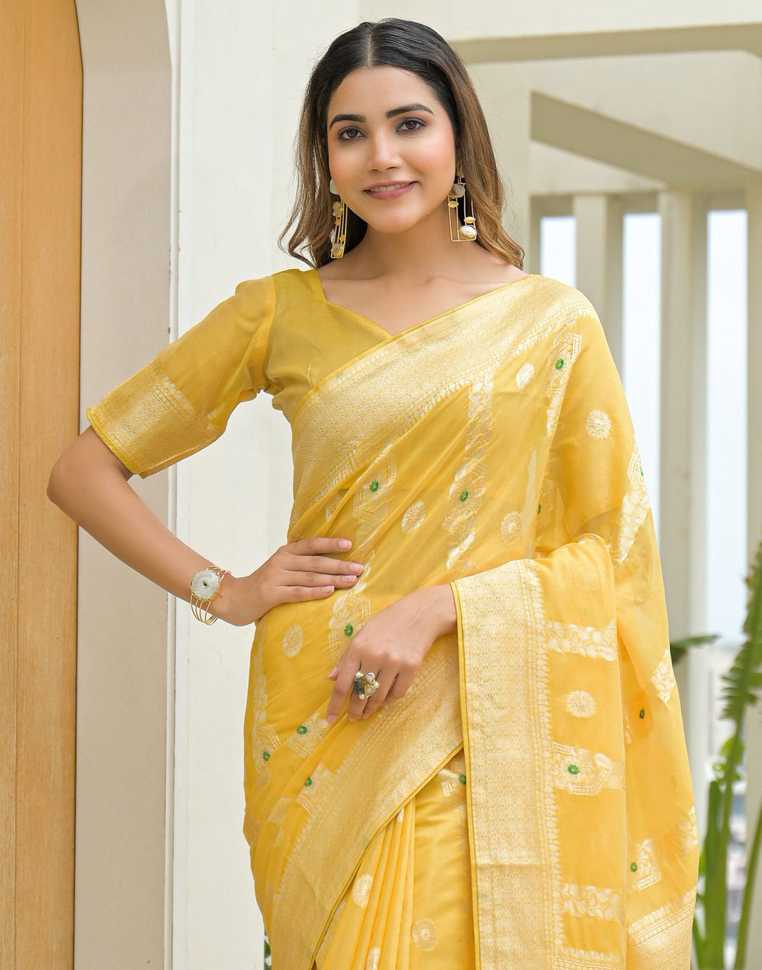 Light Yellow Chanderi Woven Saree