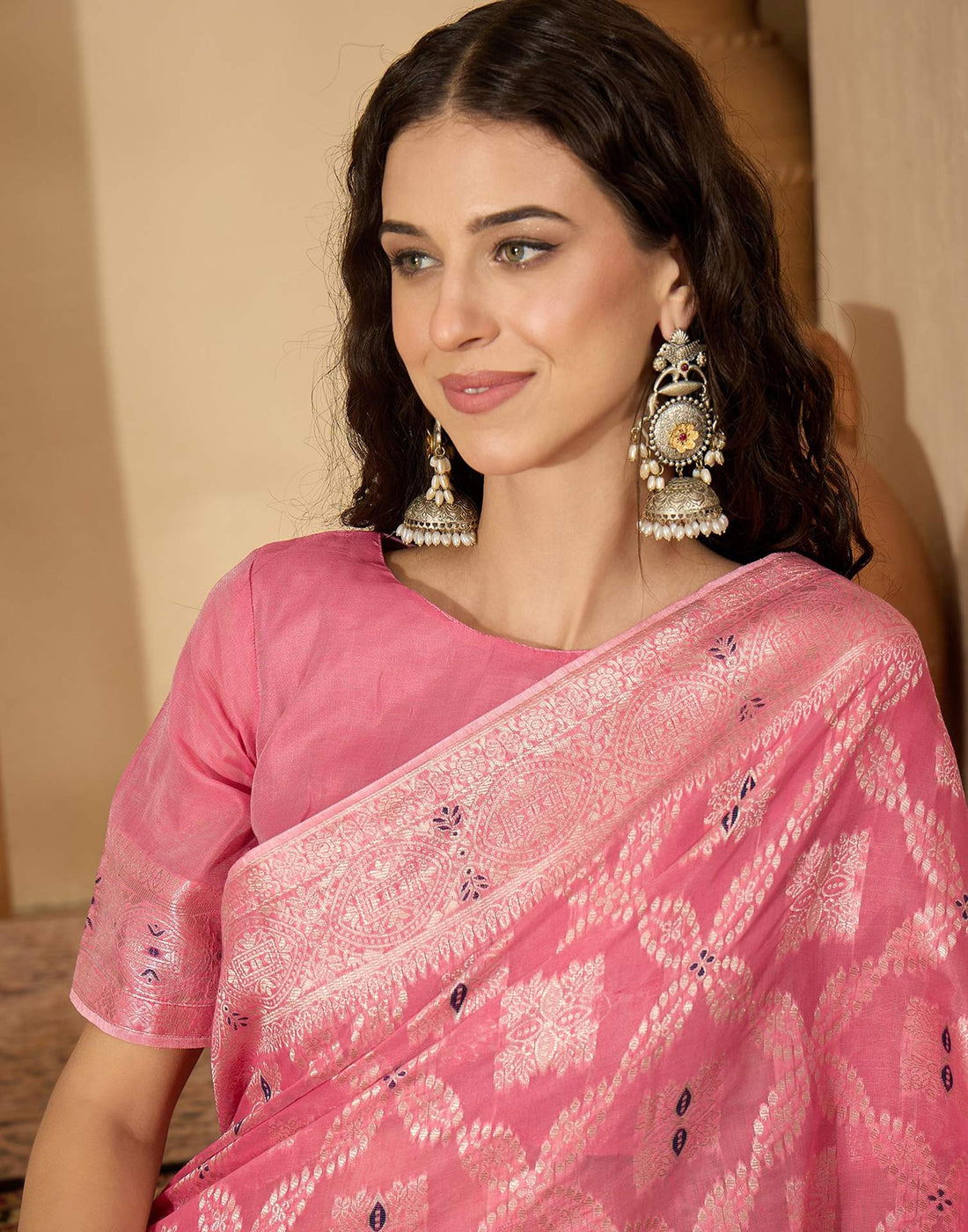Pink Chanderi Woven Saree