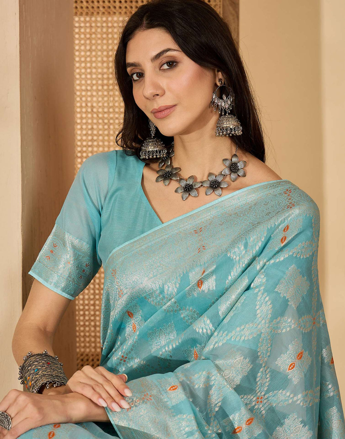 Sky Blue Chanderi Woven Saree