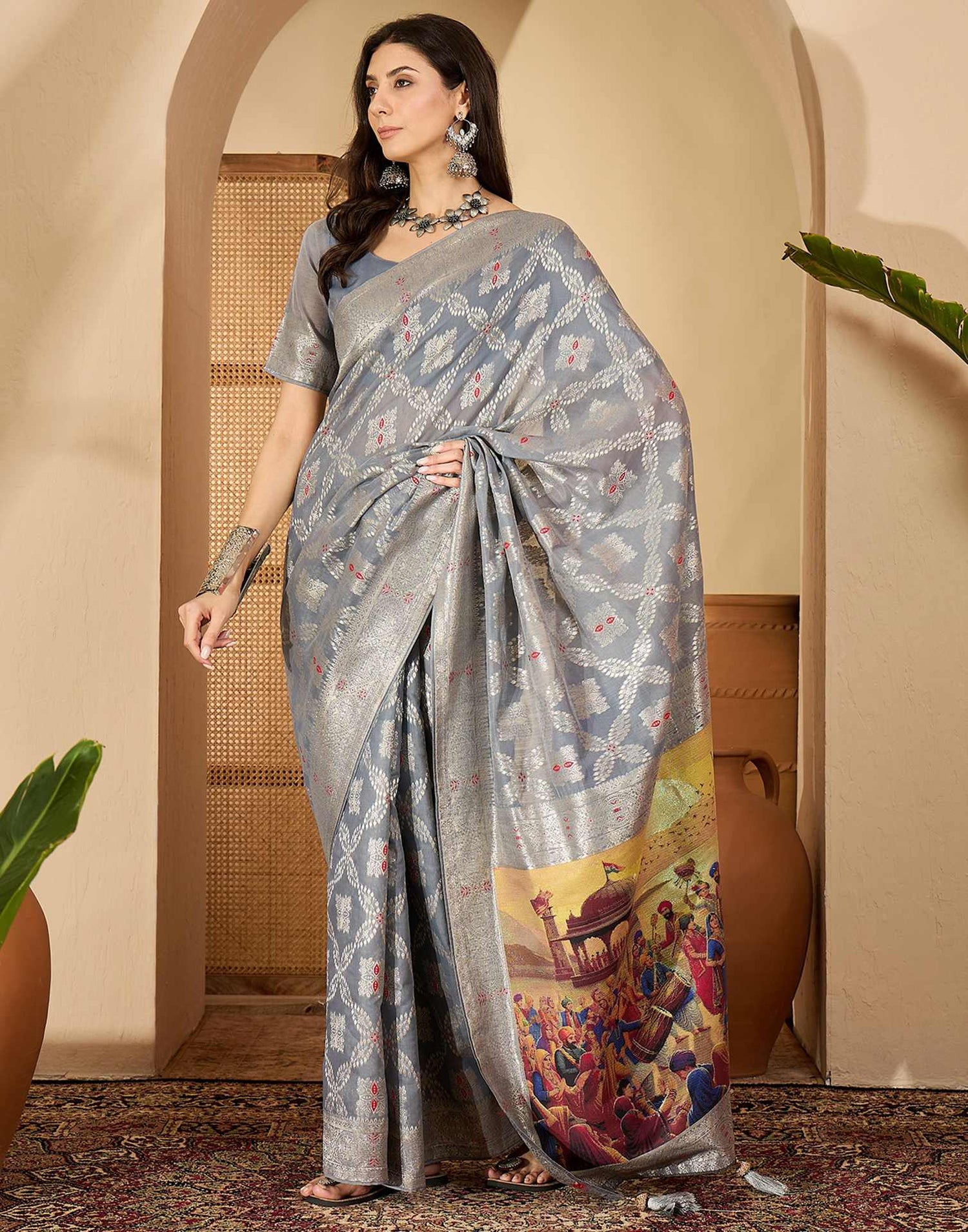 Grey Chanderi Woven Saree