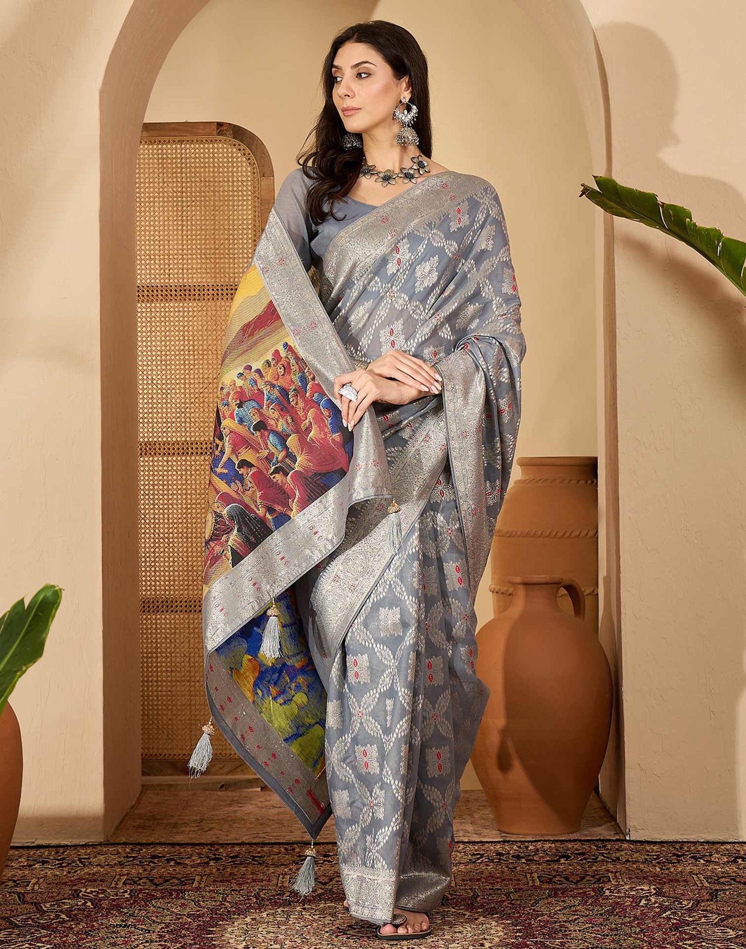 Grey Chanderi Woven Saree