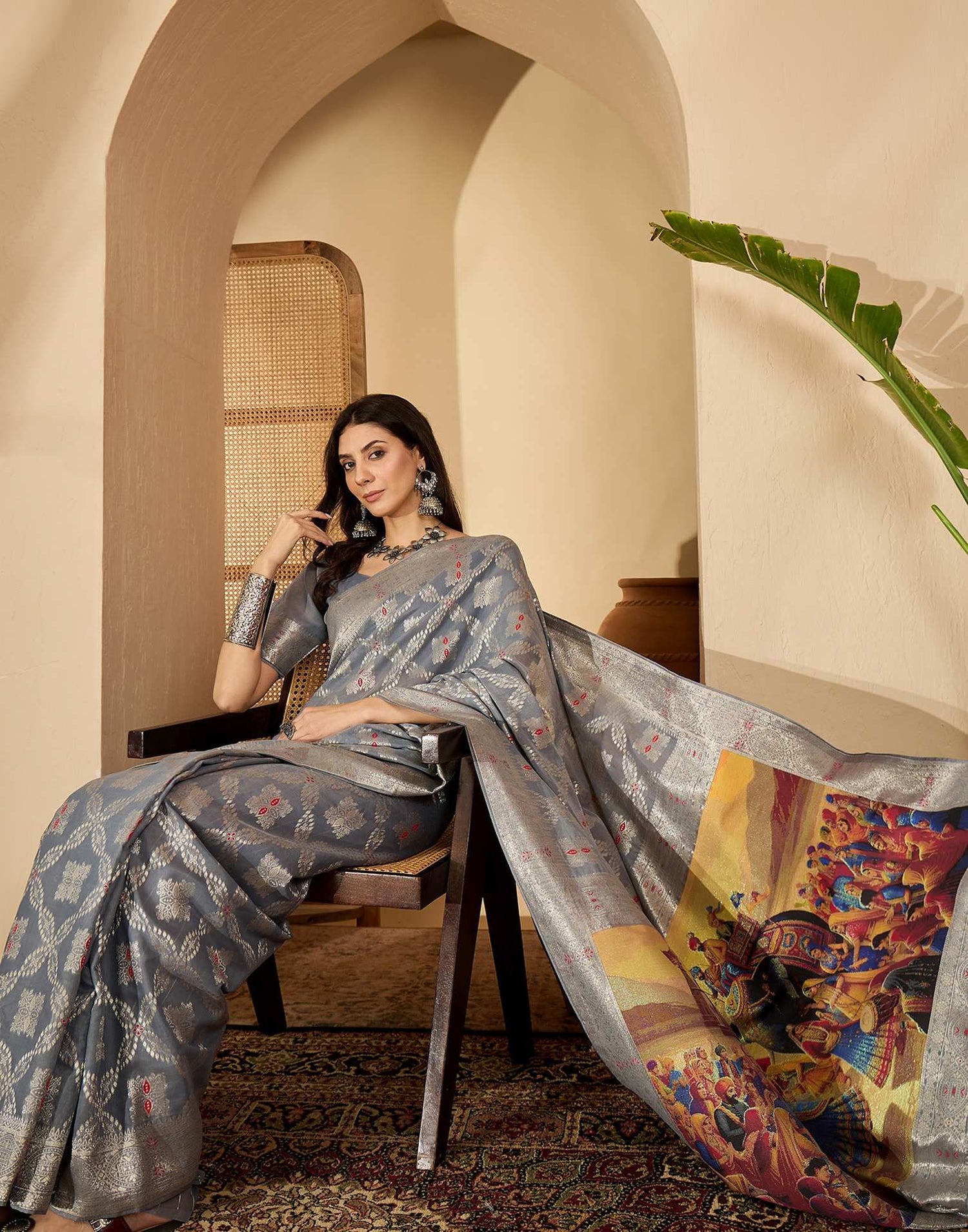 Grey Chanderi Woven Saree