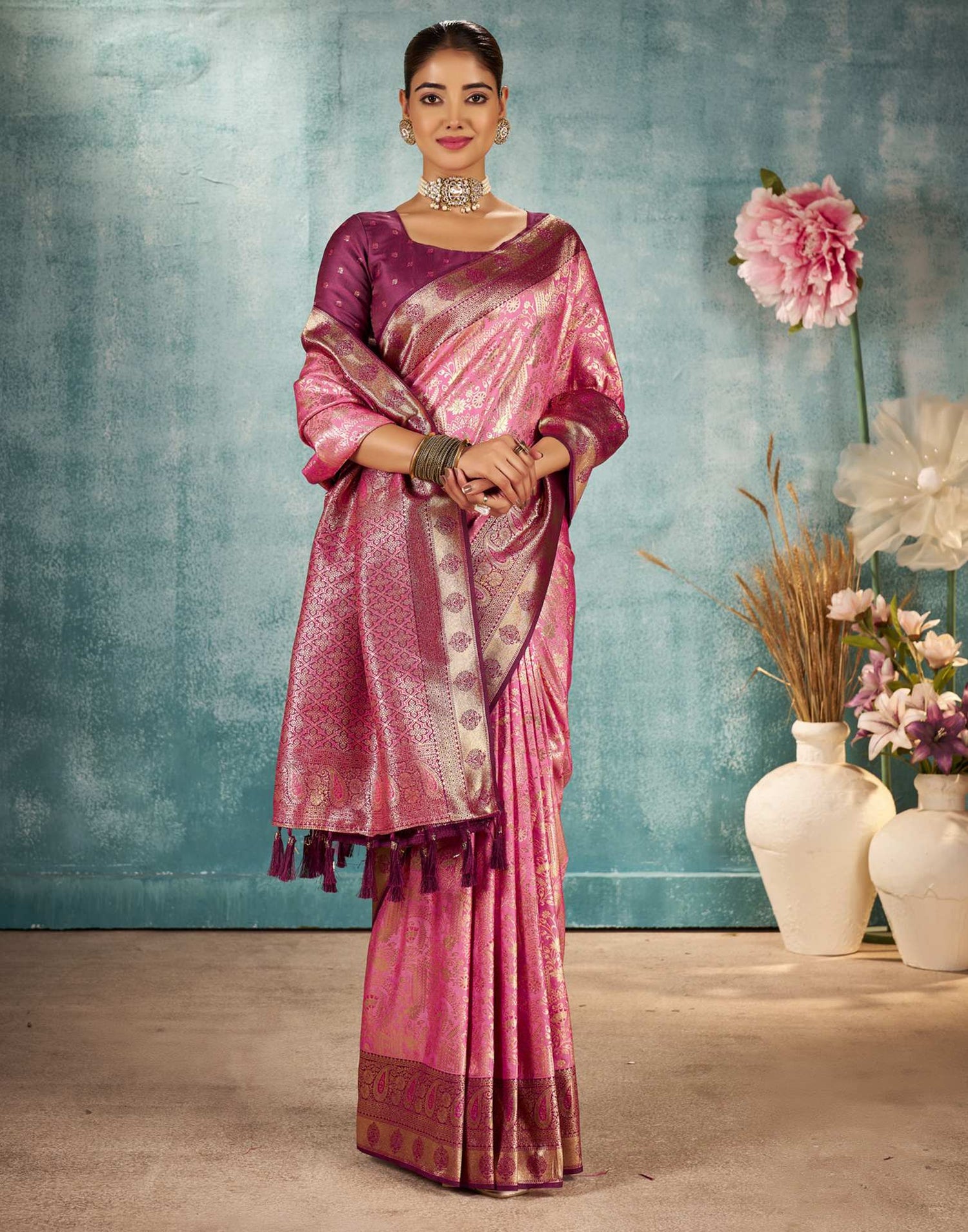 Pink Silk Woven Saree
