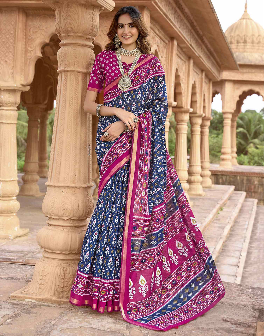 Navy Blue Cotton Printed Patola Saree