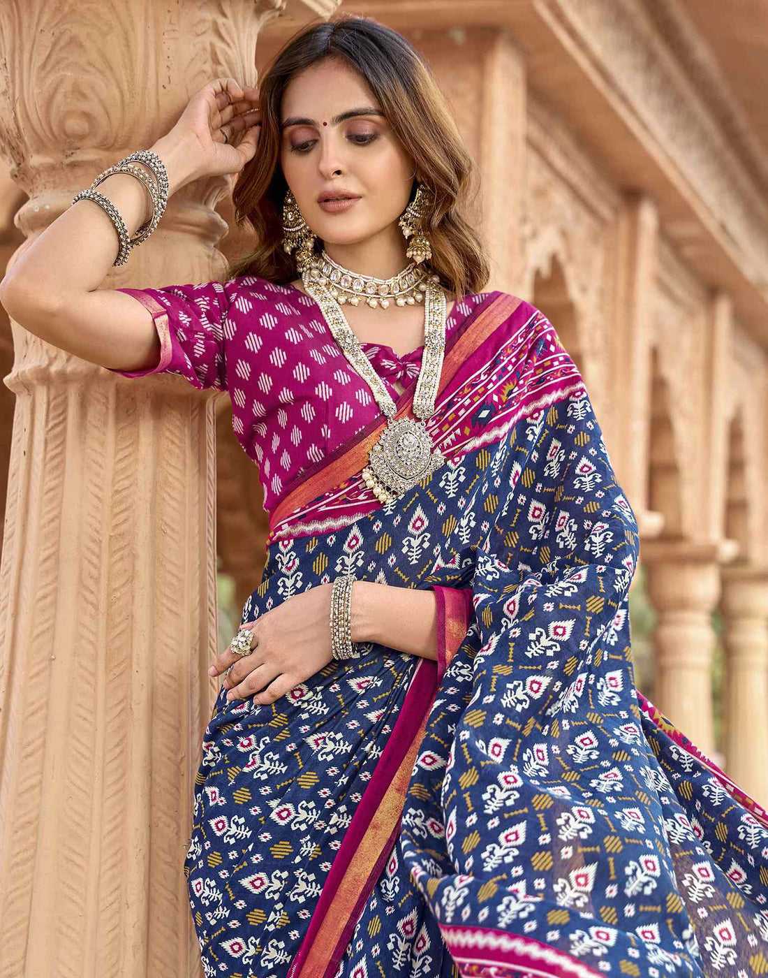 Navy Blue Cotton Printed Patola Saree