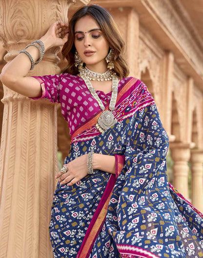 Navy Blue Cotton Printed Patola Saree