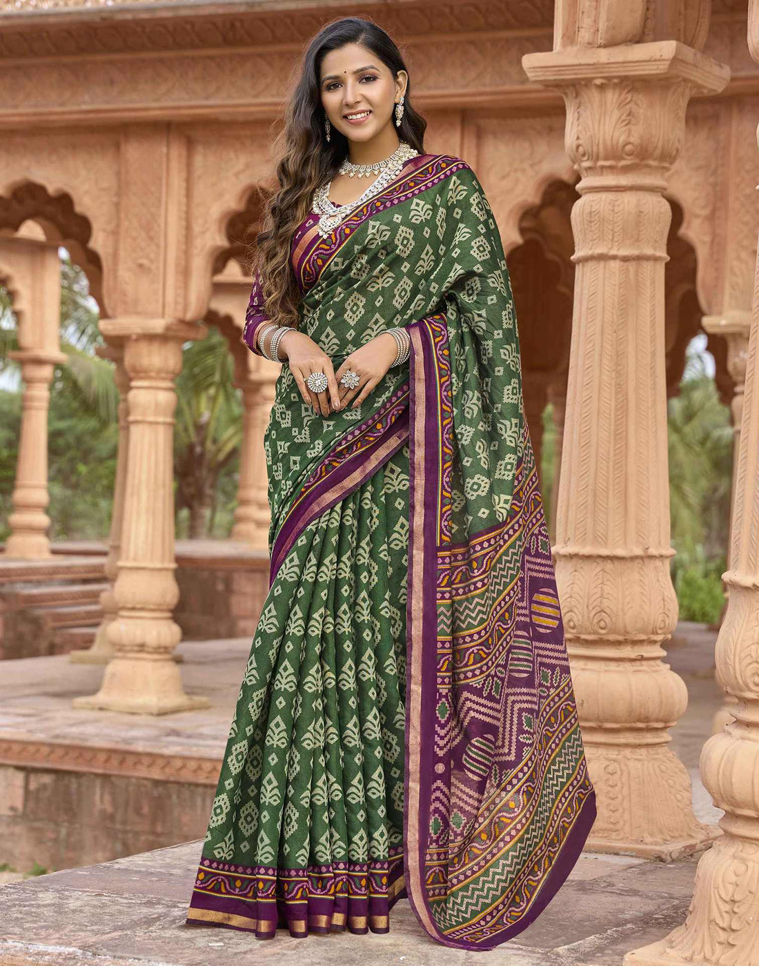 Dark Green Cotton Printed Patola Saree