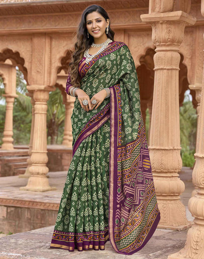 Dark Green Cotton Printed Patola Saree