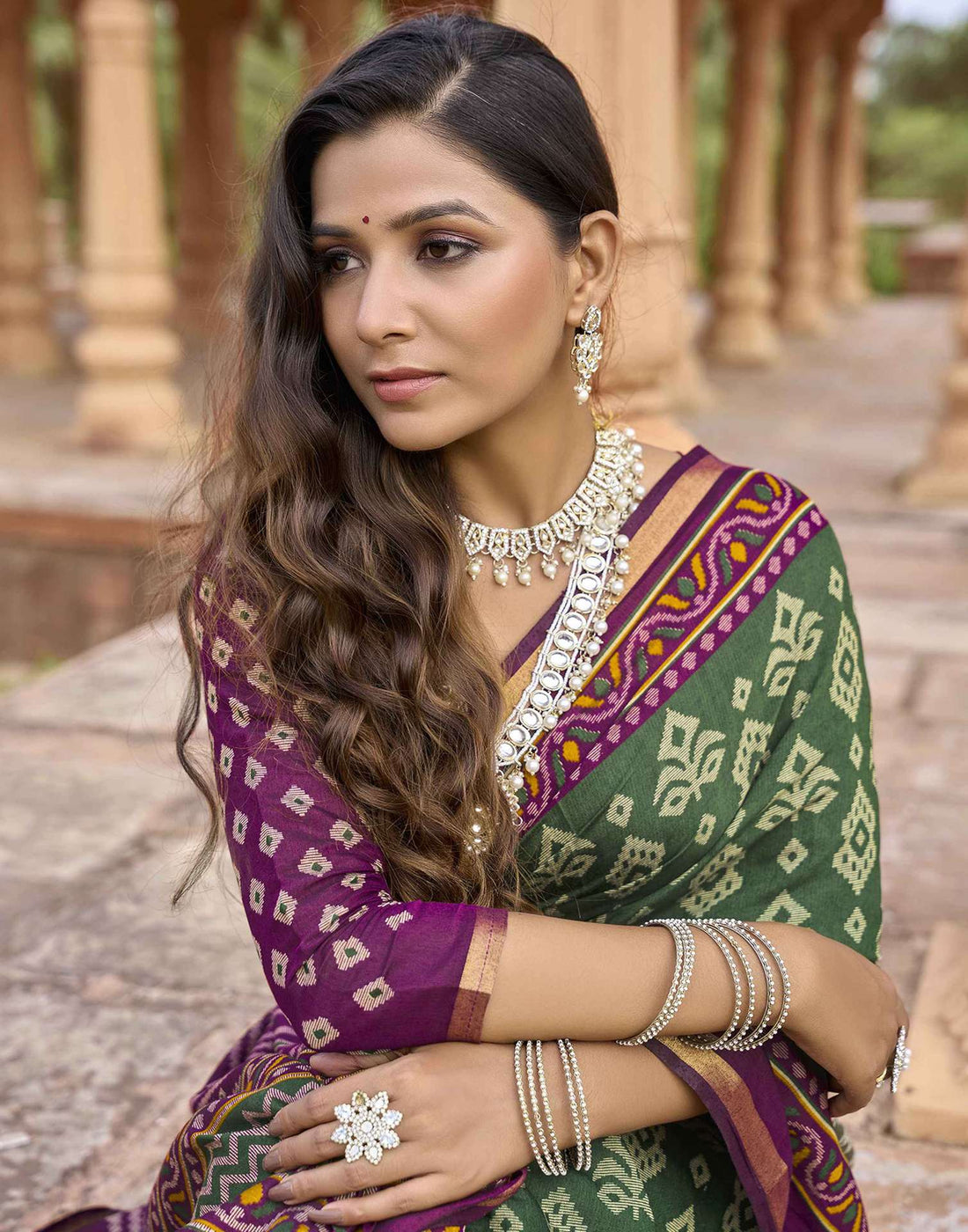 Dark Green Cotton Printed Patola Saree