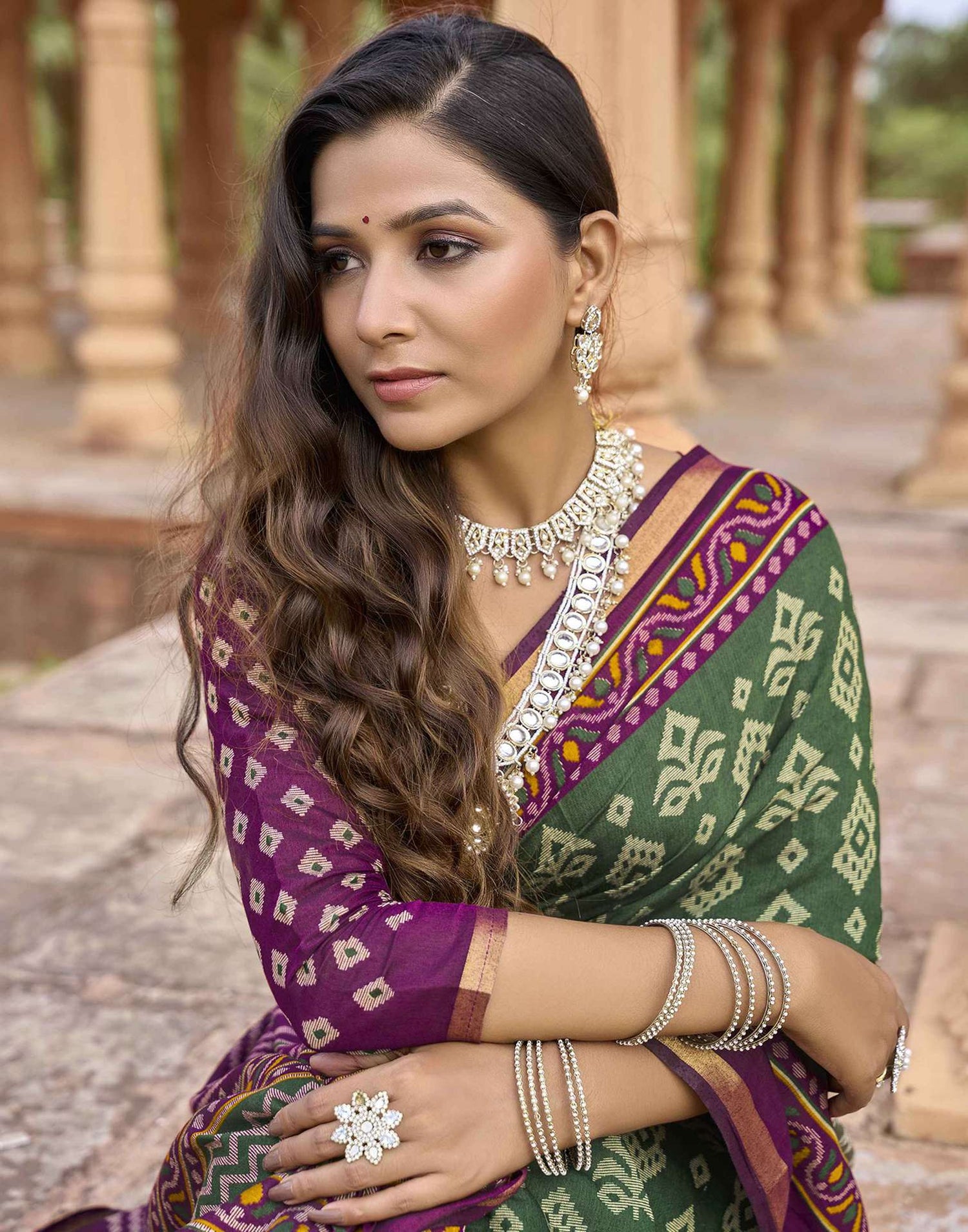 Dark Green Cotton Printed Patola Saree