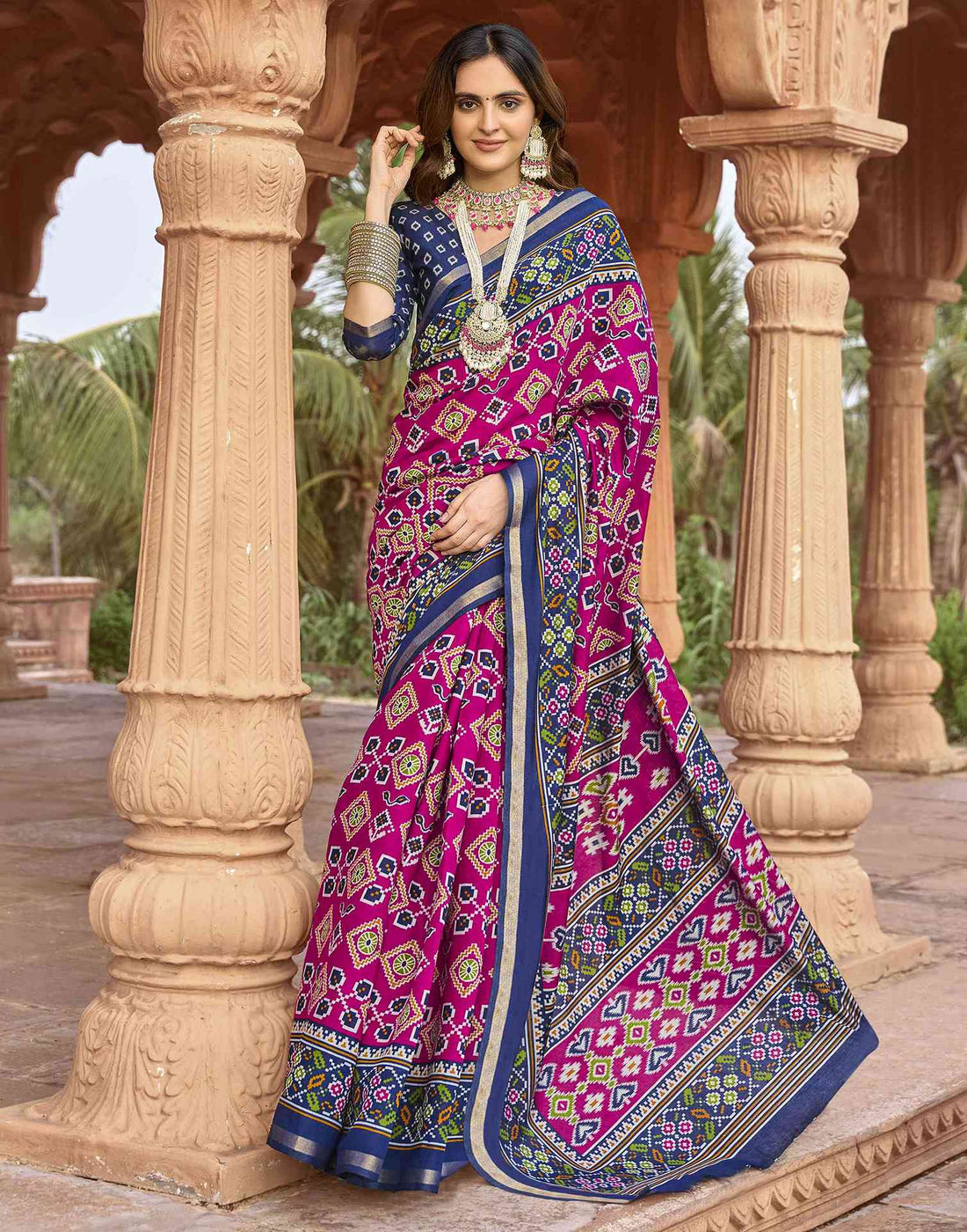 Rani Pink Cotton Printed Patola Saree