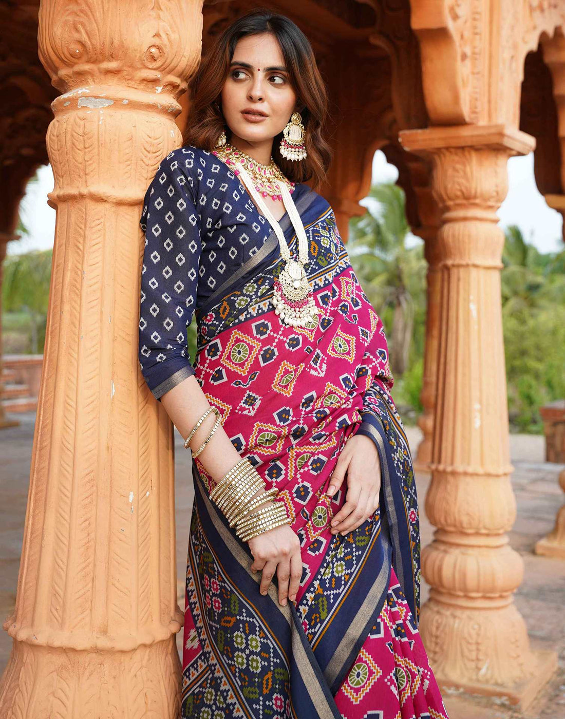 Rani Pink Cotton Printed Patola Saree