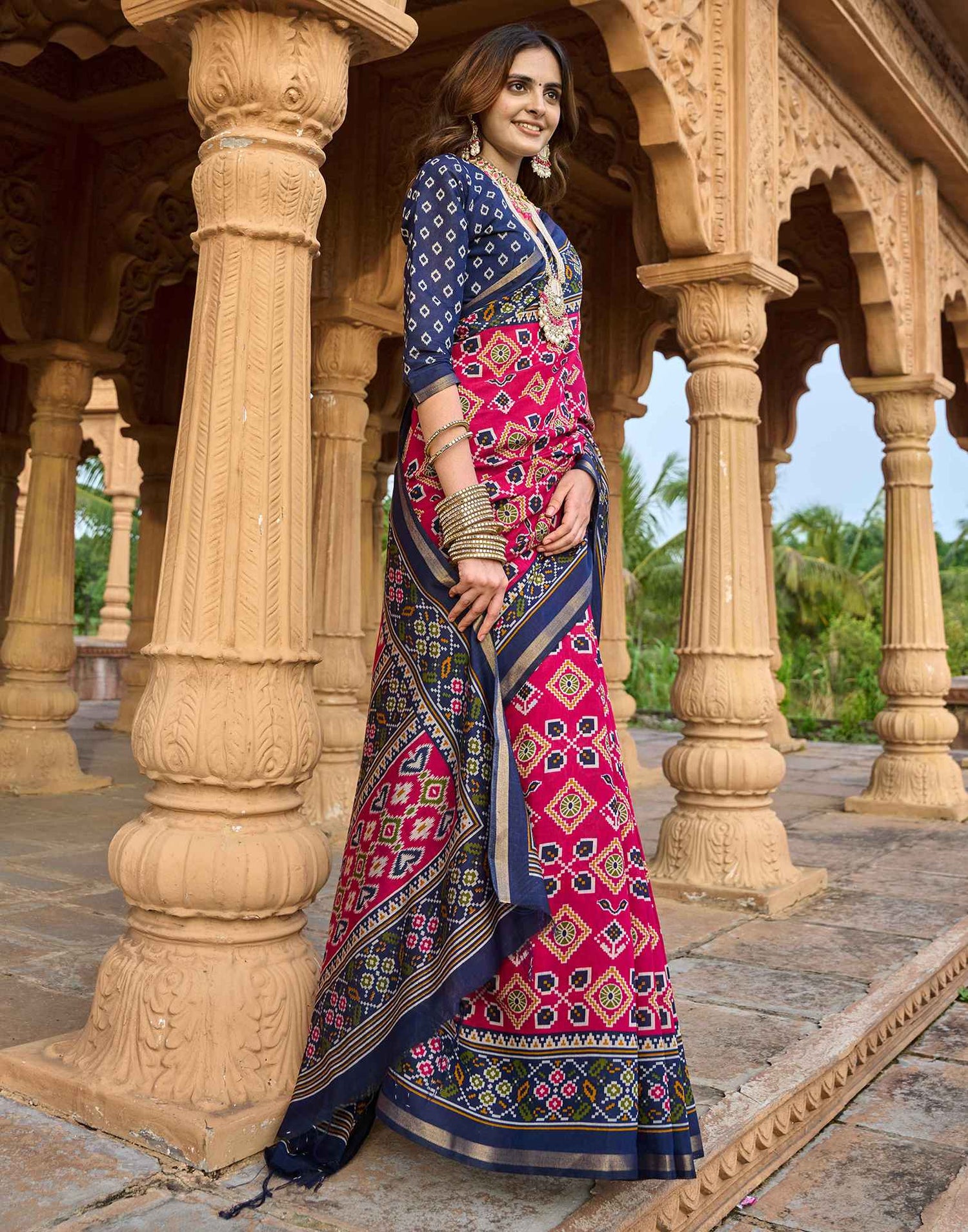 Rani Pink Cotton Printed Patola Saree