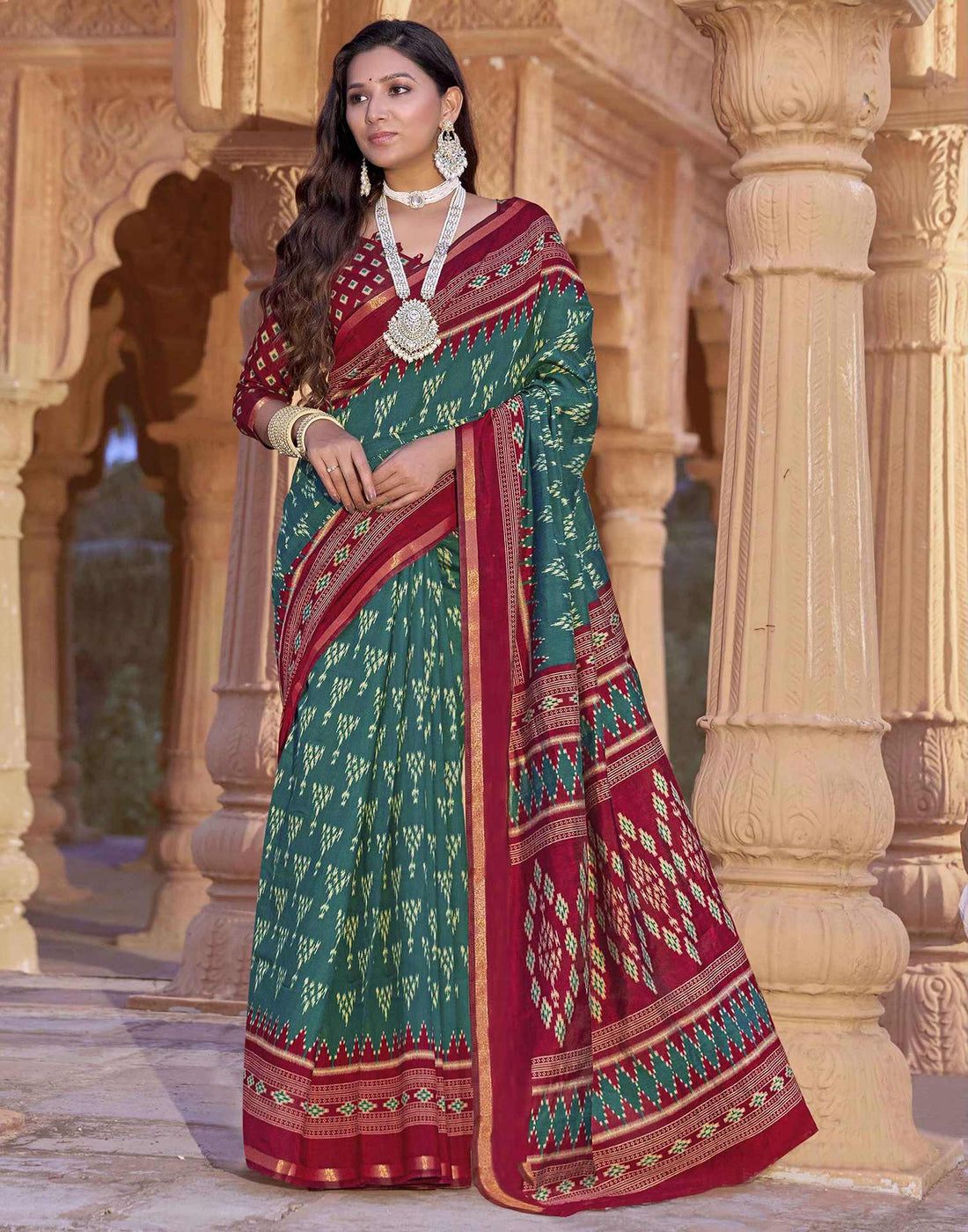 Teal Green Cotton Printed Patola Saree