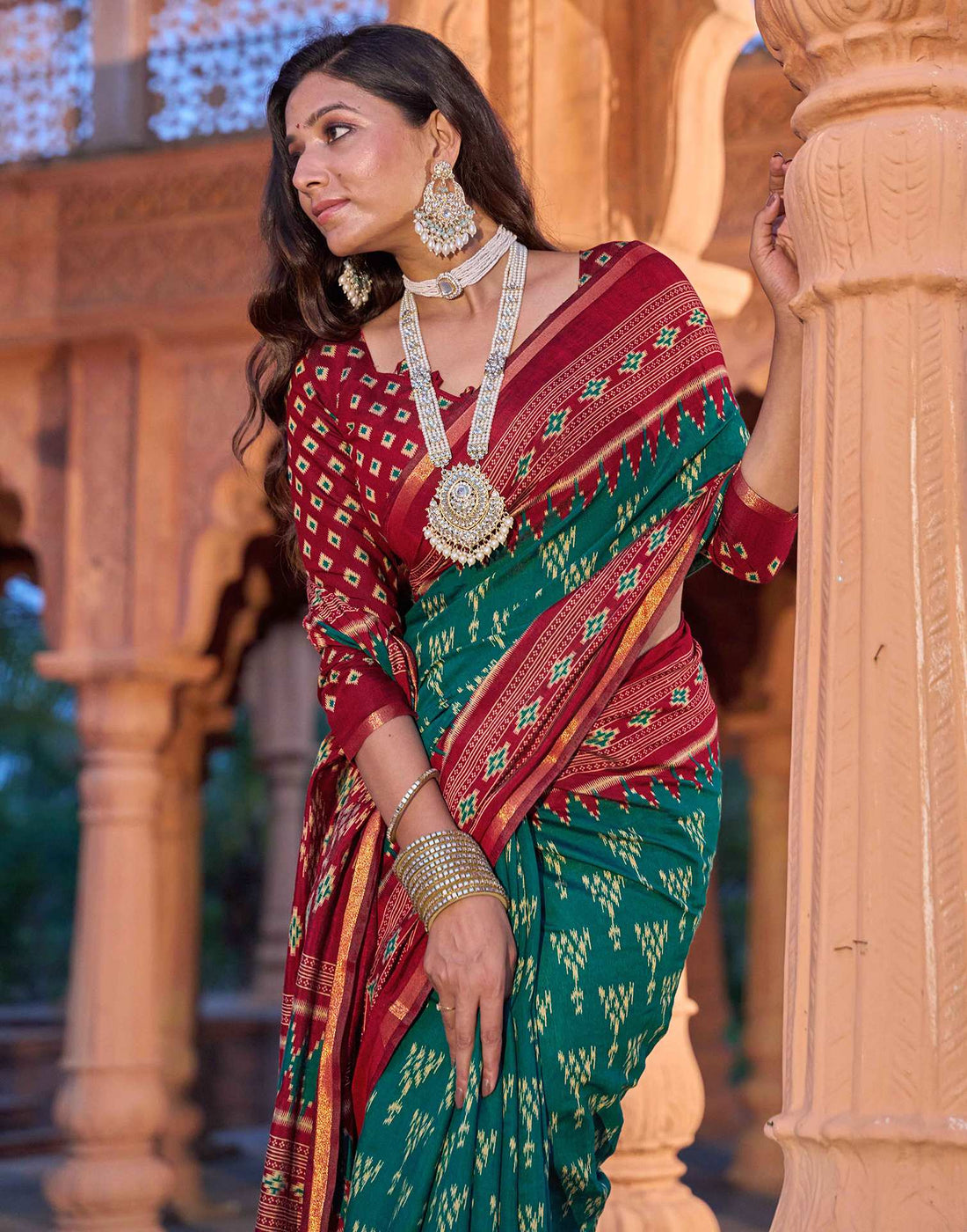 Teal Green Cotton Printed Patola Saree