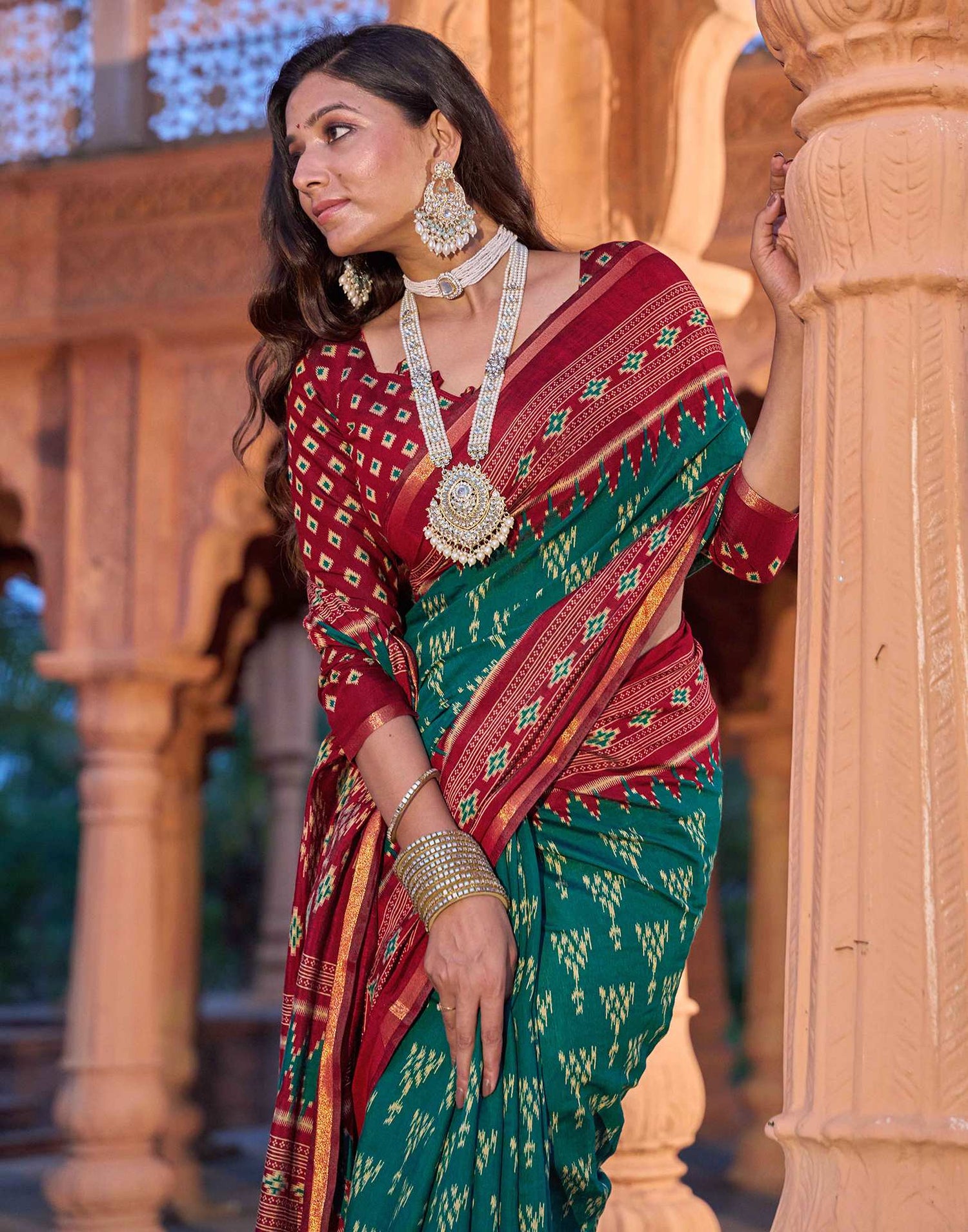 Teal Green Cotton Printed Patola Saree