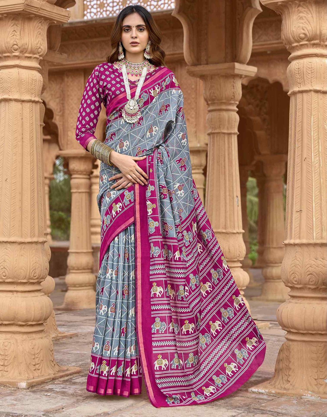 Grey Cotton Printed Patola Saree